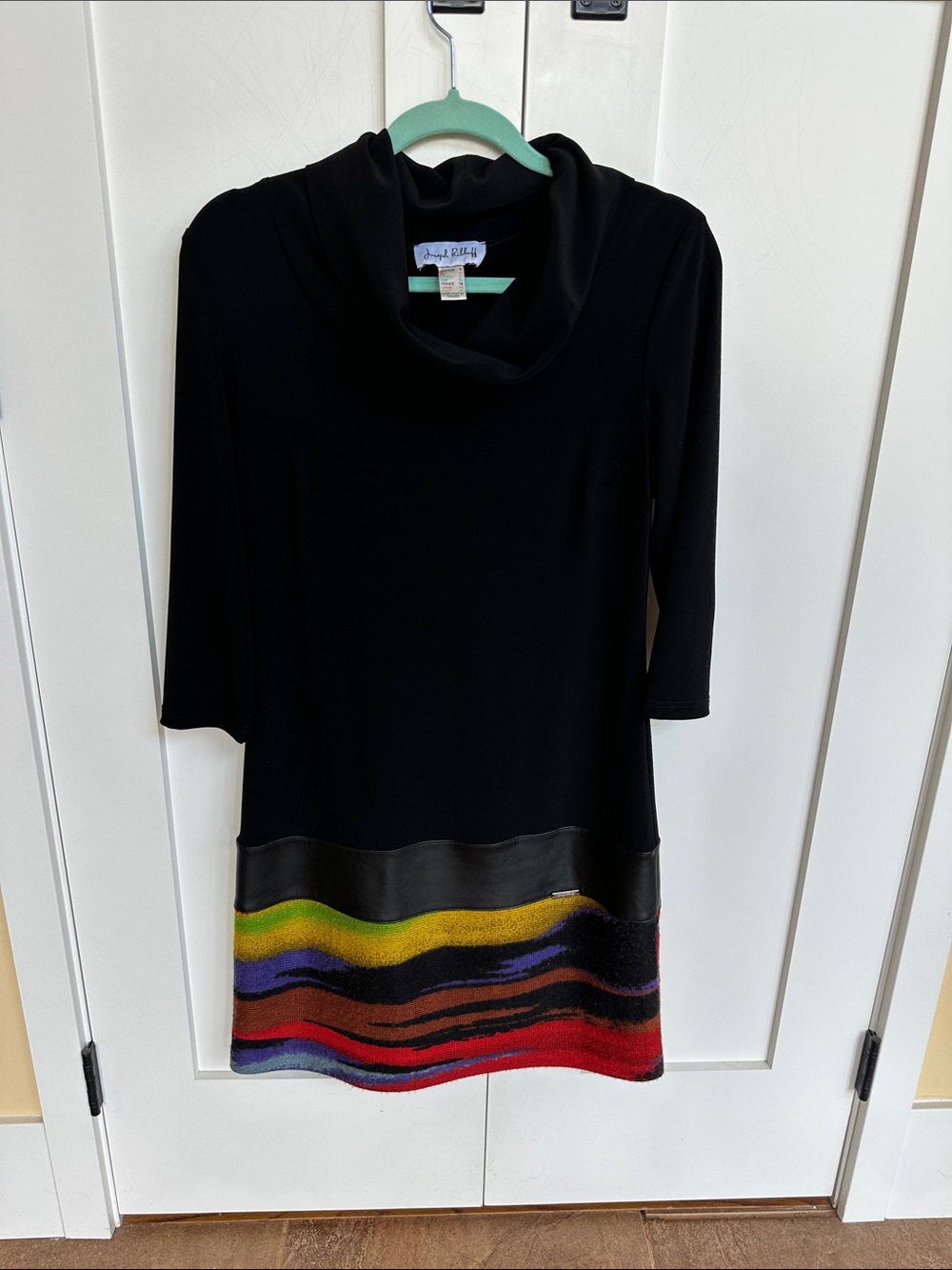 Joseph Ribkoff Black Cowl Neck Dress with Multicolor Stripe Hem Size 8
